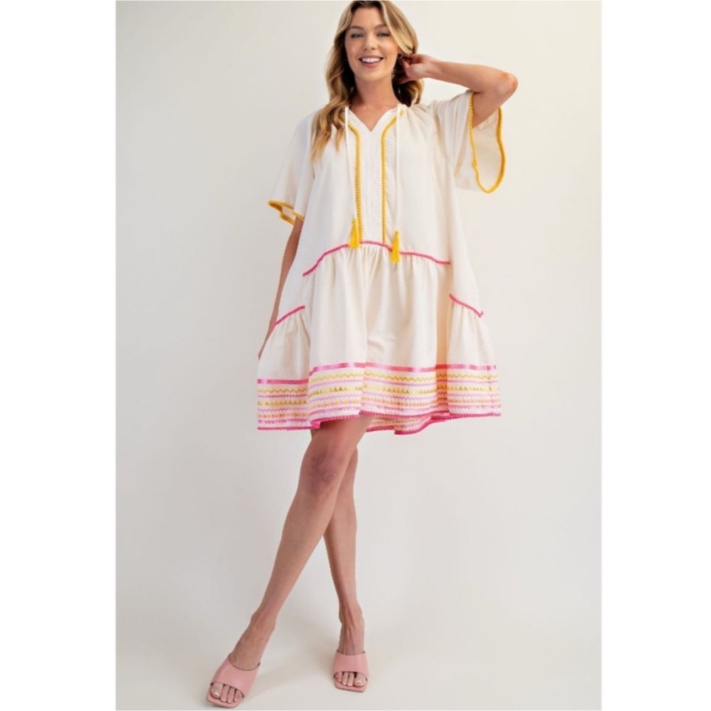 NEW! Easel Cotton Embroidered Pom Pom Trim Flutter Sleeves Pocket Dress! - Picture 4 of 5